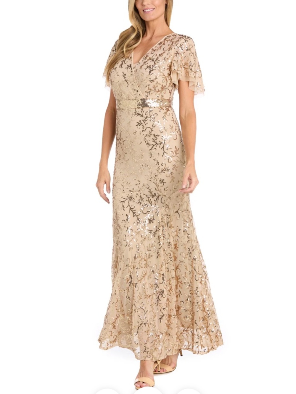 Beaded V-Neck Champagne Evening Dress